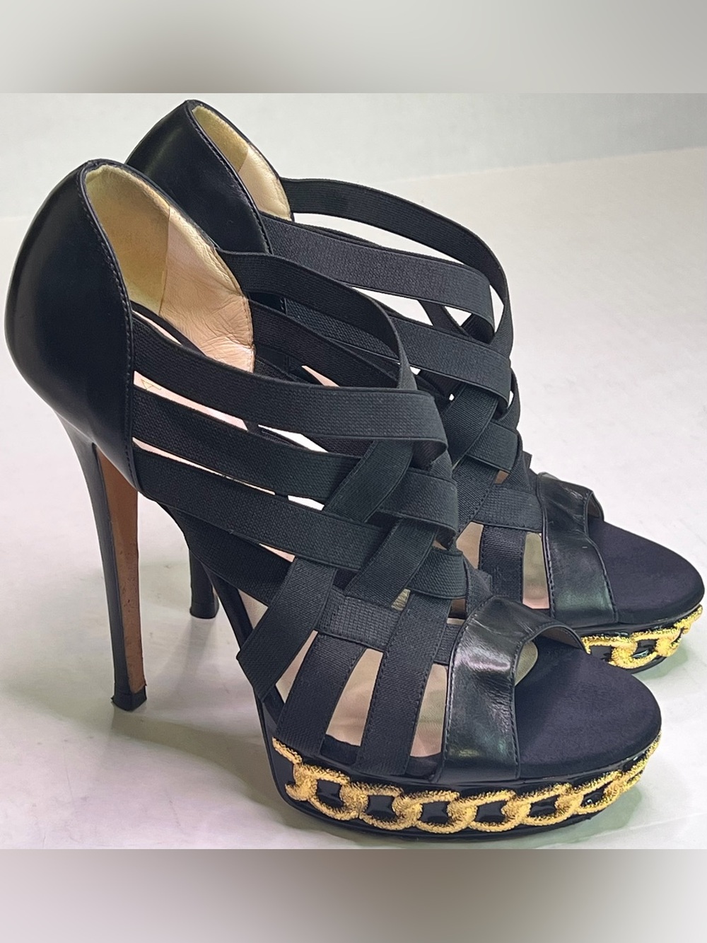 Casadei Black Strappy Platform Sandals with Gold Chain Trim